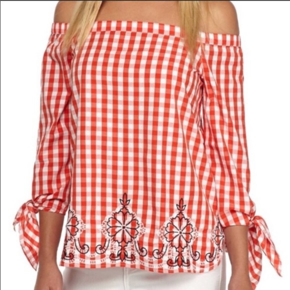 Crown & Ivy Gingham Embroidered Off Shoulder Top